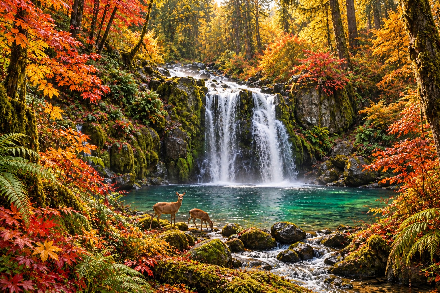 Autumn woodland waterfall with golden foliage, an emerald pool, and two deer.