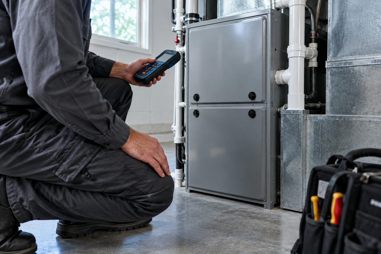 AI-created illustration of a technician beside a closed furnace with a handheld diagnostic instrument