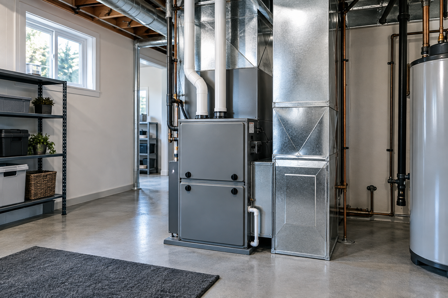 AI-created illustration of a residential furnace and metal ductwork in a mechanical room