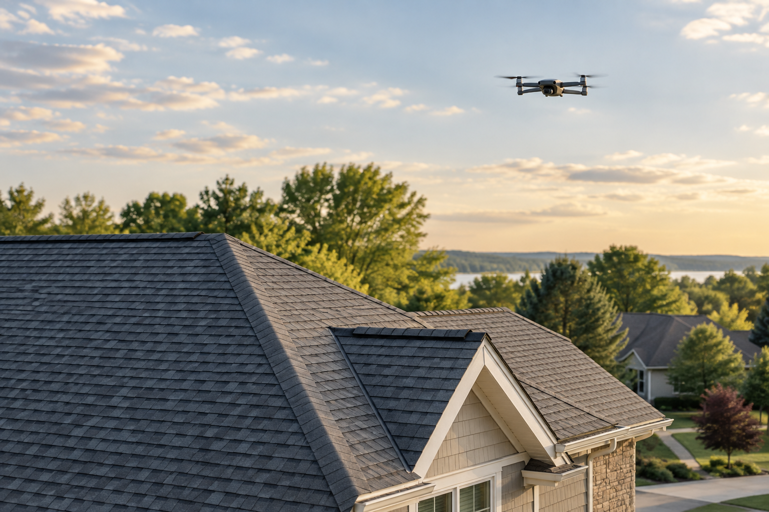 Illustration: Drone above a residential shingle roof
