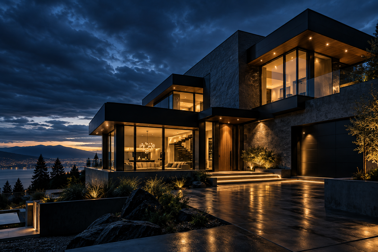 Contemporary luxury home with stone walls and expansive windows