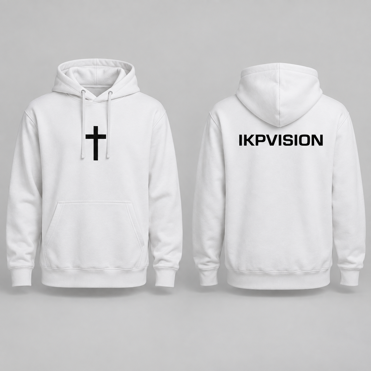 White Faith Cross Hoodie concept with black cross on the front and black IKPVISION on the back