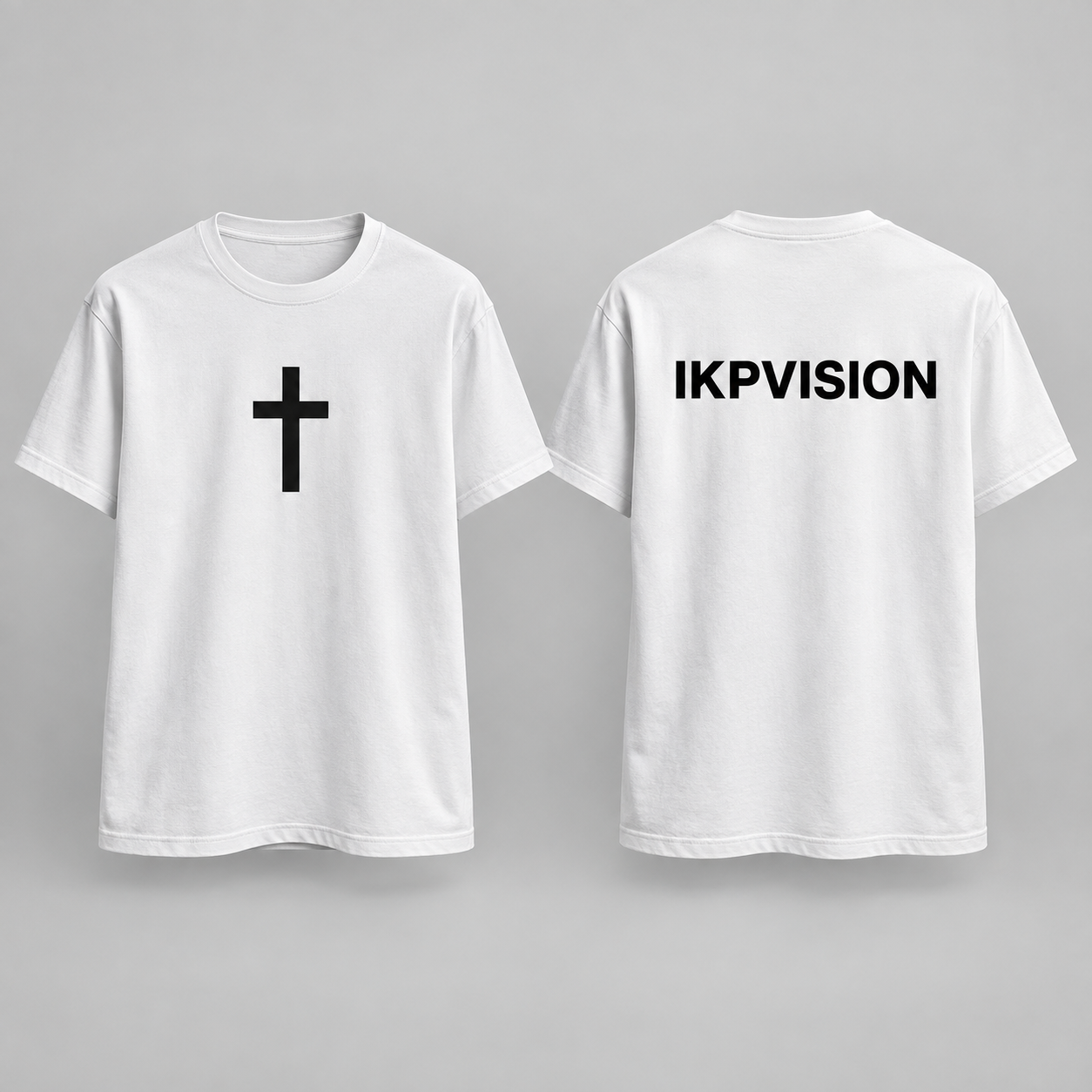 White Faith Cross T-Shirt concept with black cross on the front and black IKPVISION on the back
