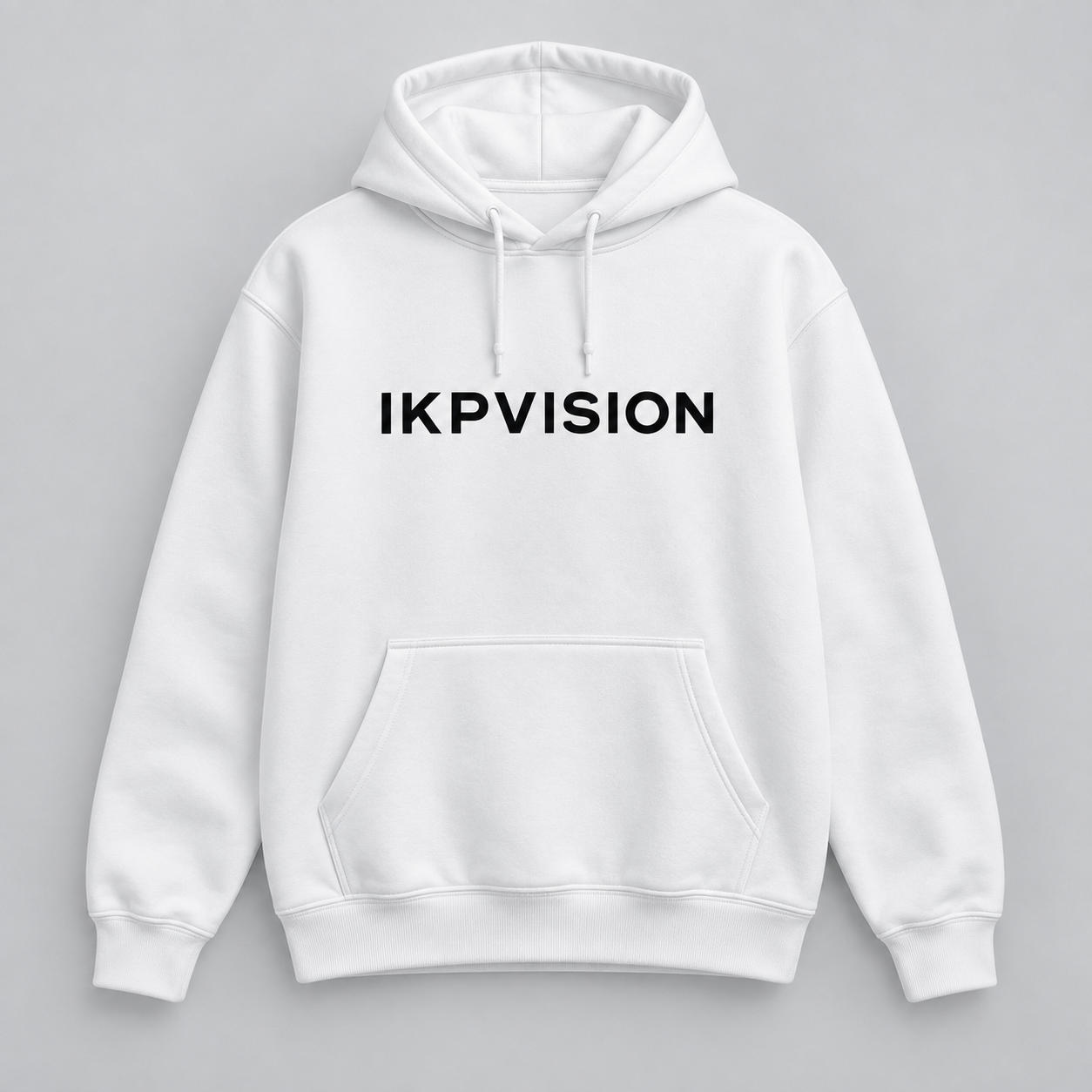 Concept mockup of a white IKPVISION hoodie with a black chest wordmark