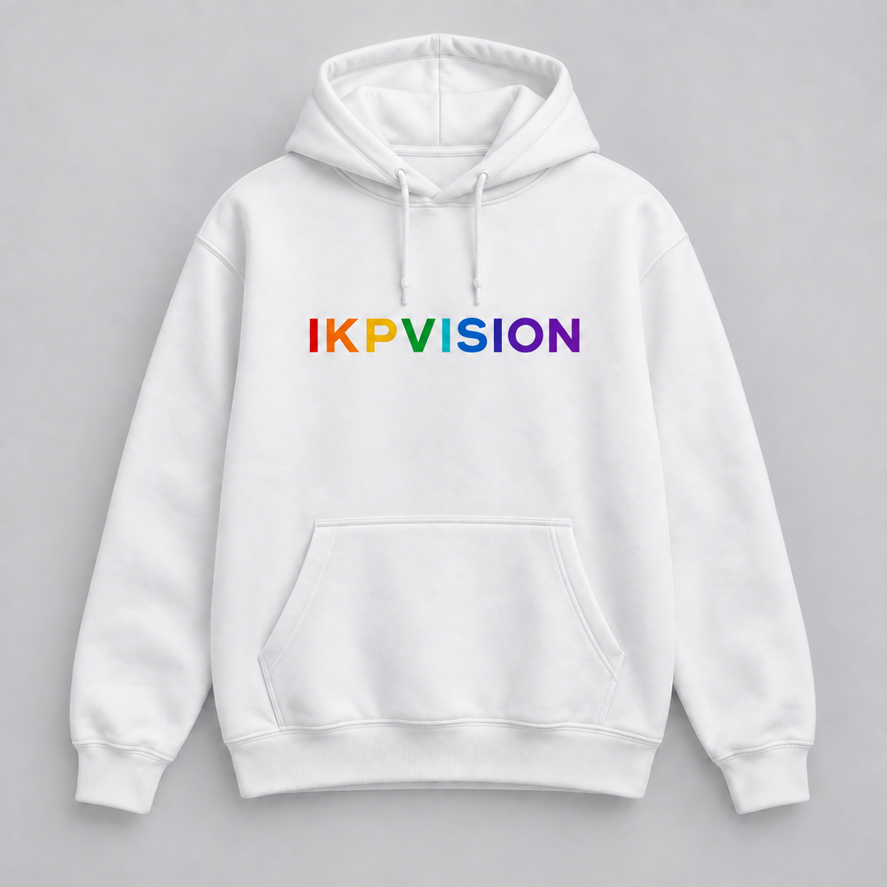 Concept mockup of a white IKPVISION hoodie with a rainbow chest wordmark